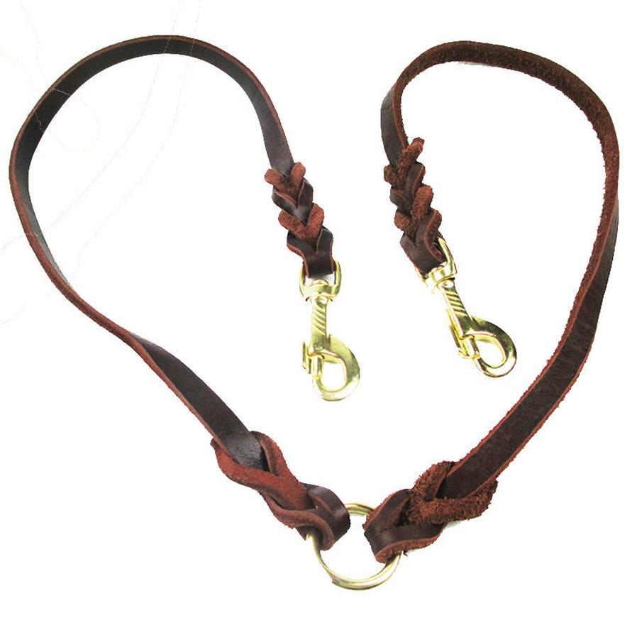 JMT-622026 Cowhide Double Hook Traction Rope for Two Dogs - Durable Leather Design, 70CM Length