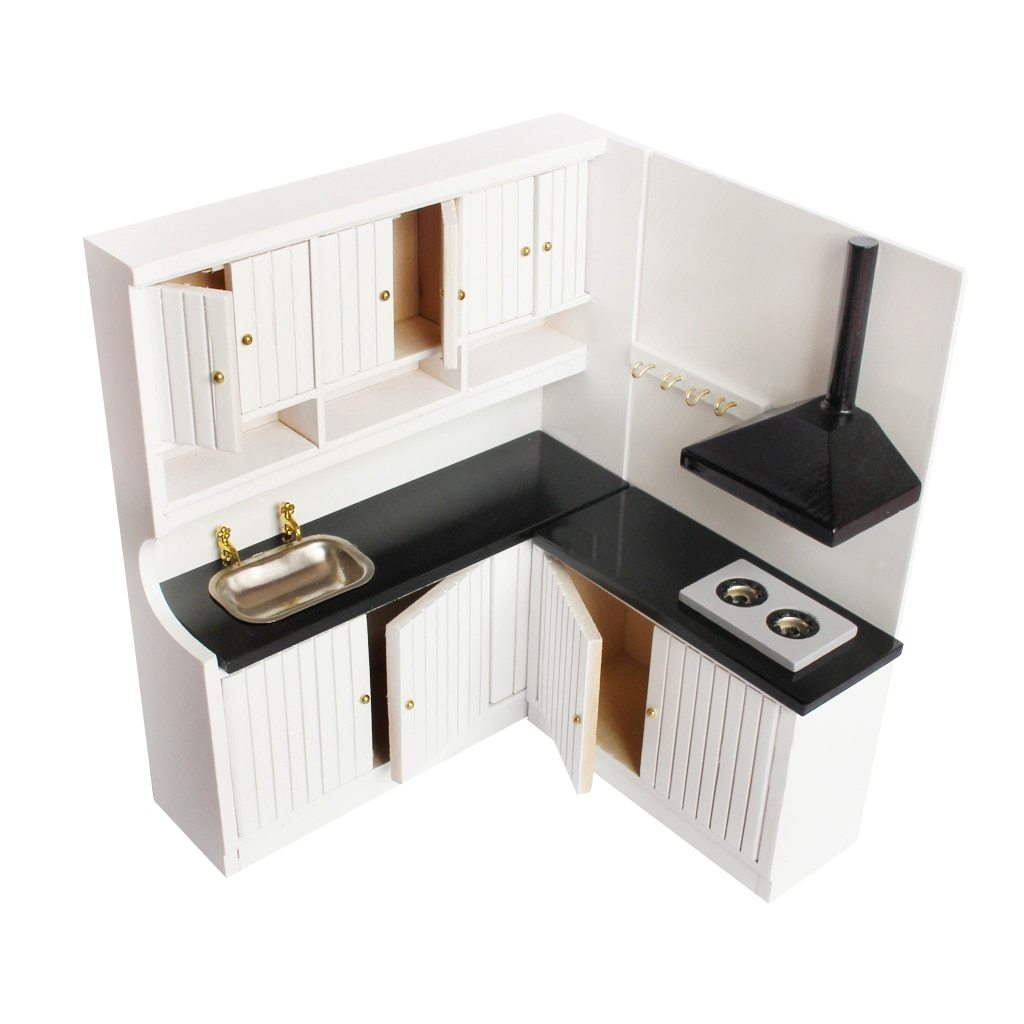 JMT-622474 Two-Piece European-Style Dollhouse Kitchen Cabinets Set with Working Doors and Metal Handles