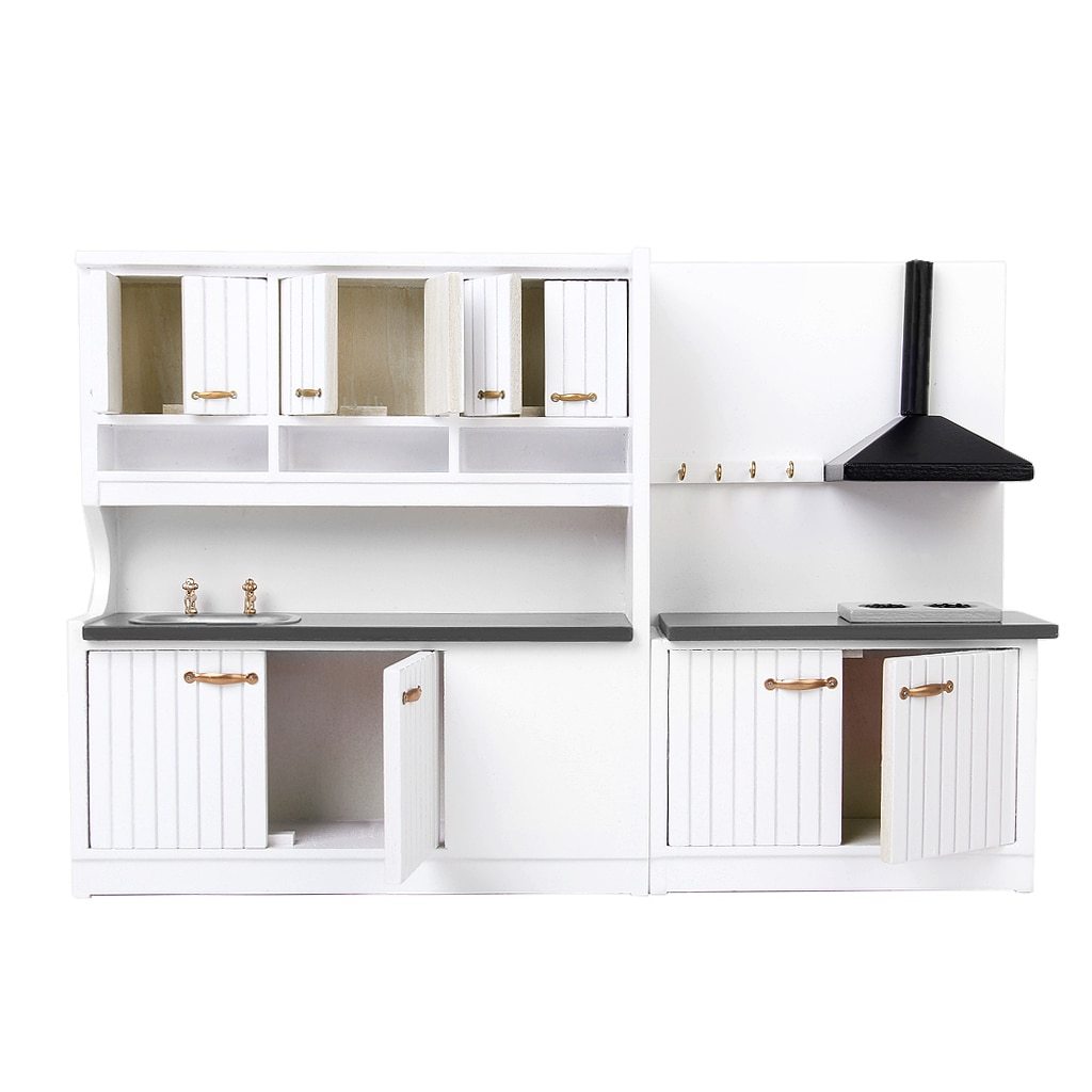JMT-622474 Two-Piece European-Style Dollhouse Kitchen Cabinets Set with Working Doors and Metal Handles