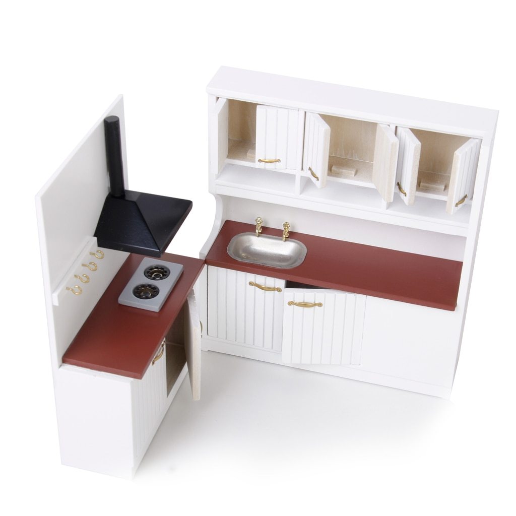 JMT-622474 Two-Piece European-Style Dollhouse Kitchen Cabinets Set with Working Doors and Metal Handles
