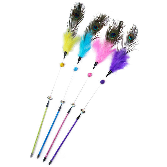 JMT-623818 Peacock Feather Cat Teaser Wand - Bite-Resistant Long Rod for Interactive Play