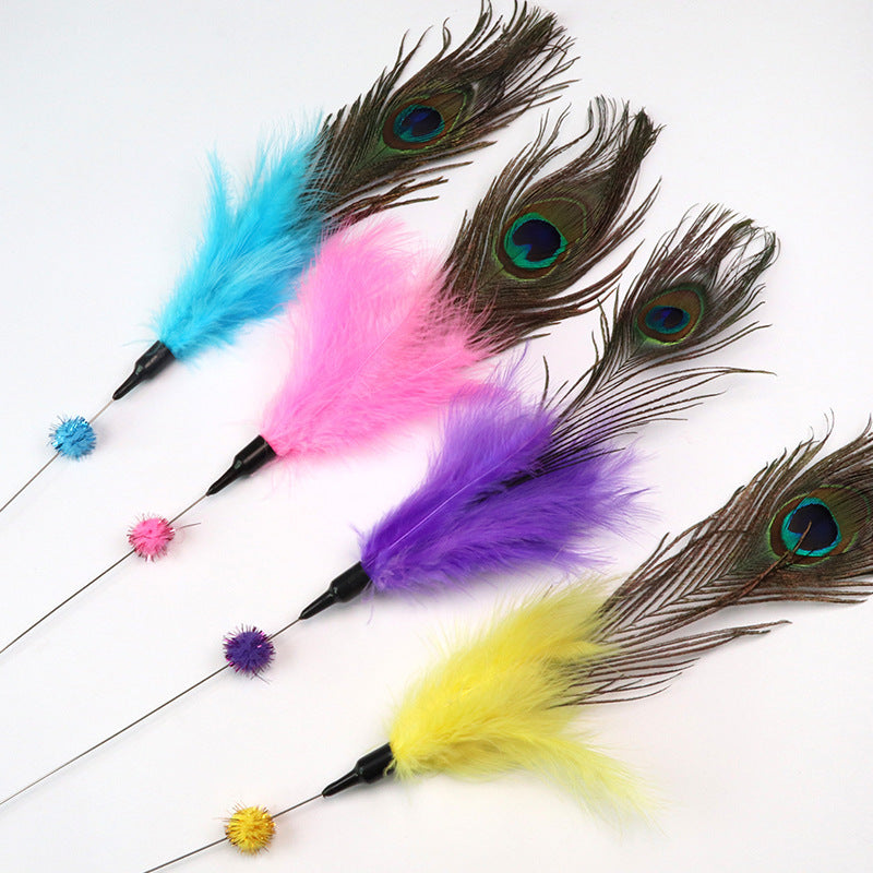 JMT-623818 Peacock Feather Cat Teaser Wand - Bite-Resistant Long Rod for Interactive Play