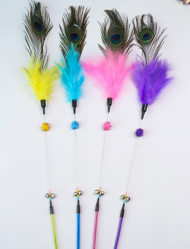 JMT-623818 Peacock Feather Cat Teaser Wand - Bite-Resistant Long Rod for Interactive Play