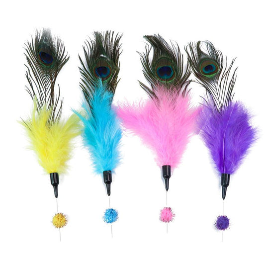 JMT-623818 Peacock Feather Cat Teaser Wand - Bite-Resistant Long Rod for Interactive Play