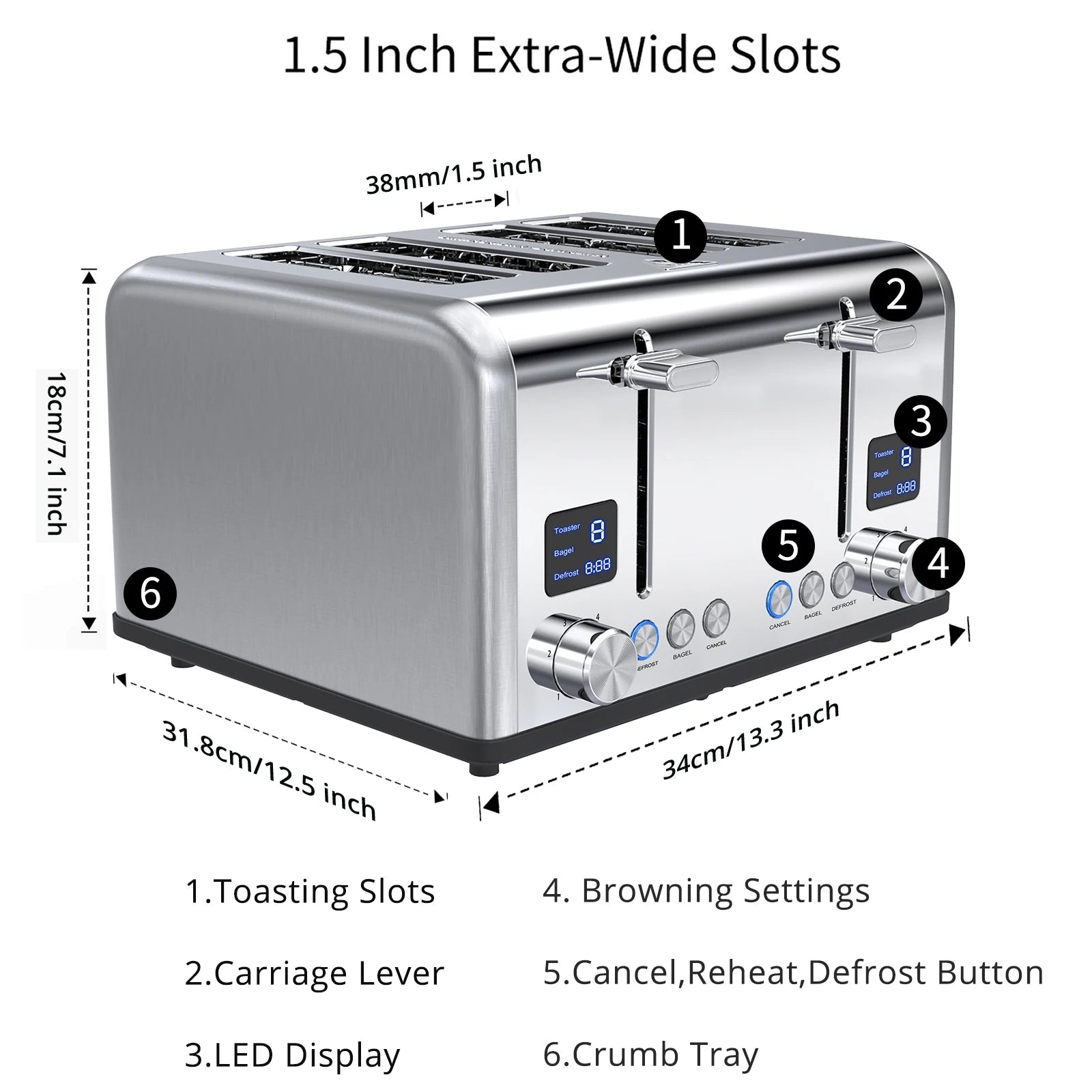 JMT-625802 Digital 4-Slice Electric Toaster with LED Display for Even Toasting and Smart Settings