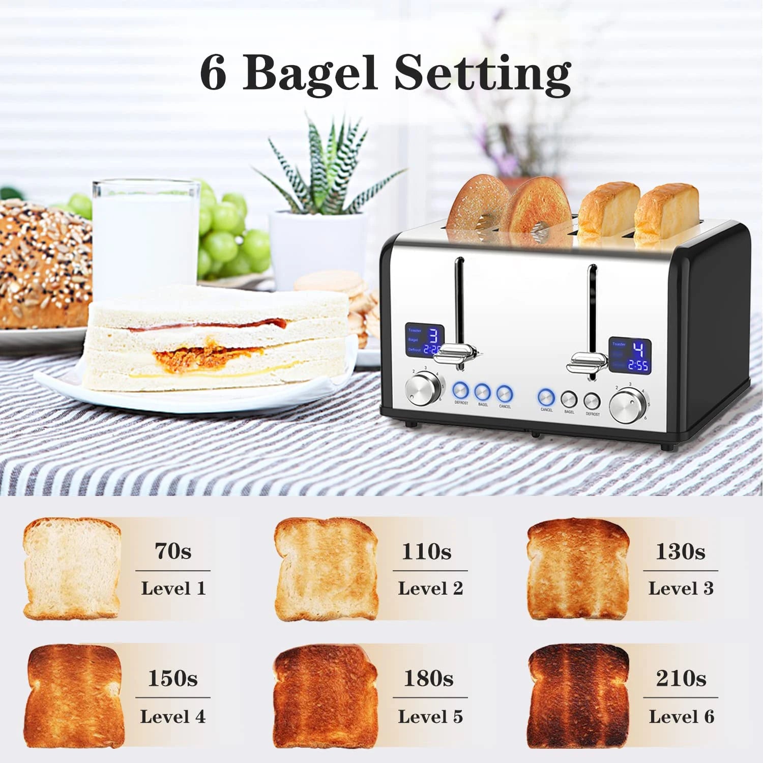 JMT-625802 Digital 4-Slice Electric Toaster with LED Display for Even Toasting and Smart Settings