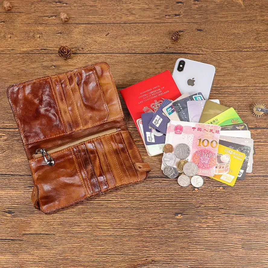 JMT-627658 Vintage Leather Multi-card Long Wallet with Coin Compartment and Money Clip