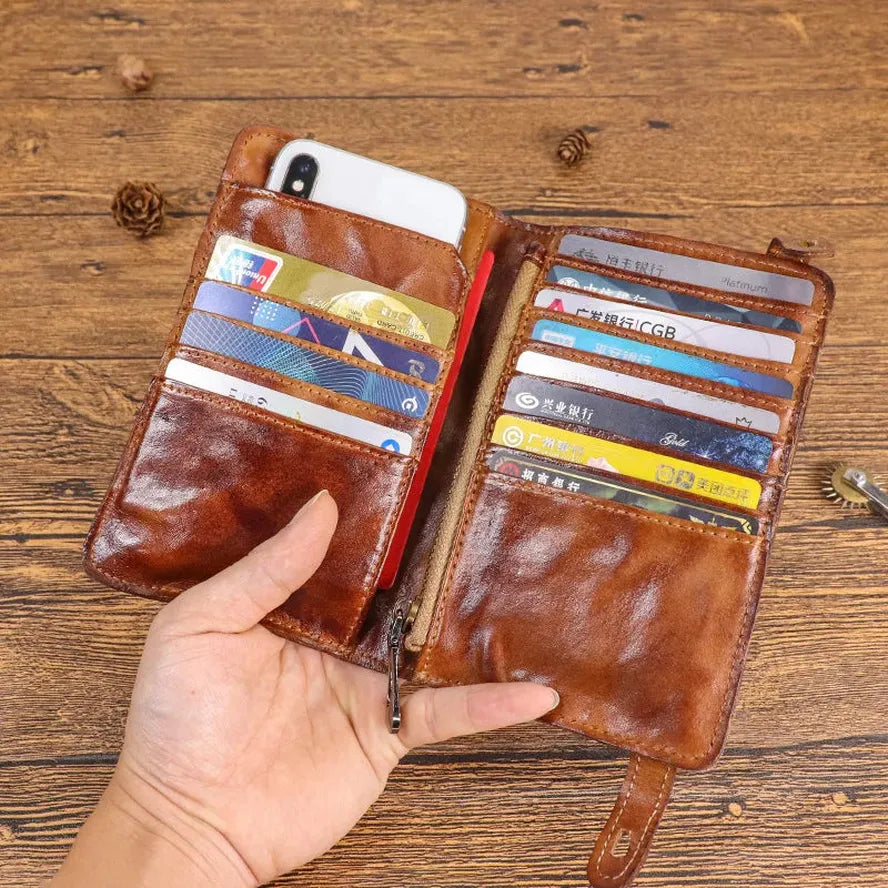 JMT-627658 Vintage Leather Multi-card Long Wallet with Coin Compartment and Money Clip