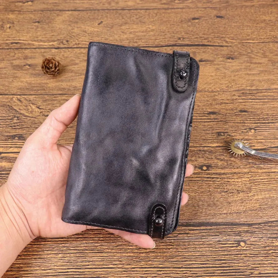JMT-627658 Vintage Leather Multi-card Long Wallet with Coin Compartment and Money Clip