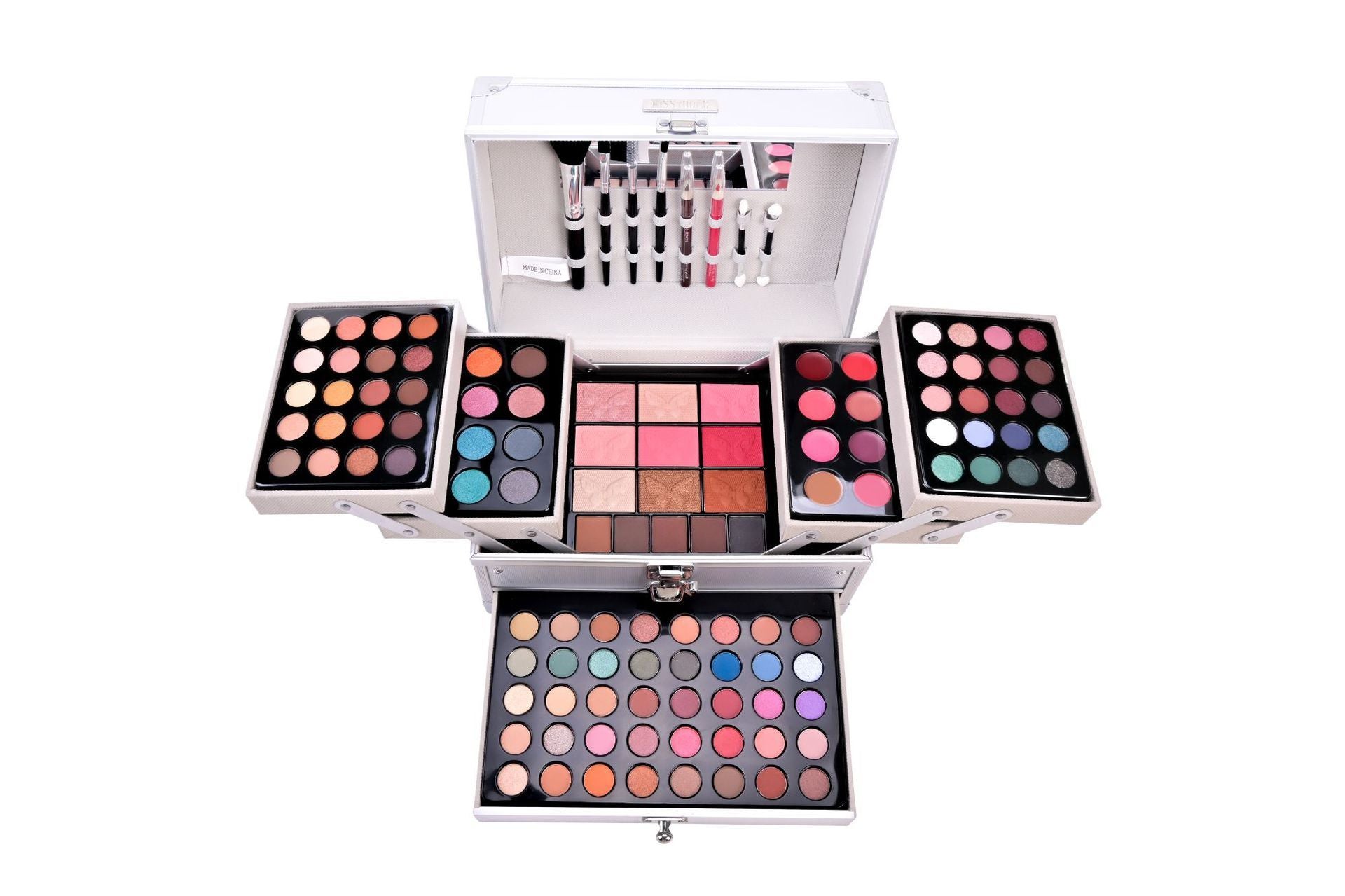 JMT-628874 Silver Eye Shadow and Blush Makeup Set with Lip Gloss and Brush
