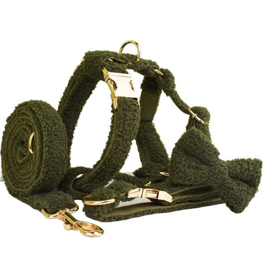 JMT-628938 Army Green Velvet Four-Piece Pet Collar and Vest Set with Leash and Bow