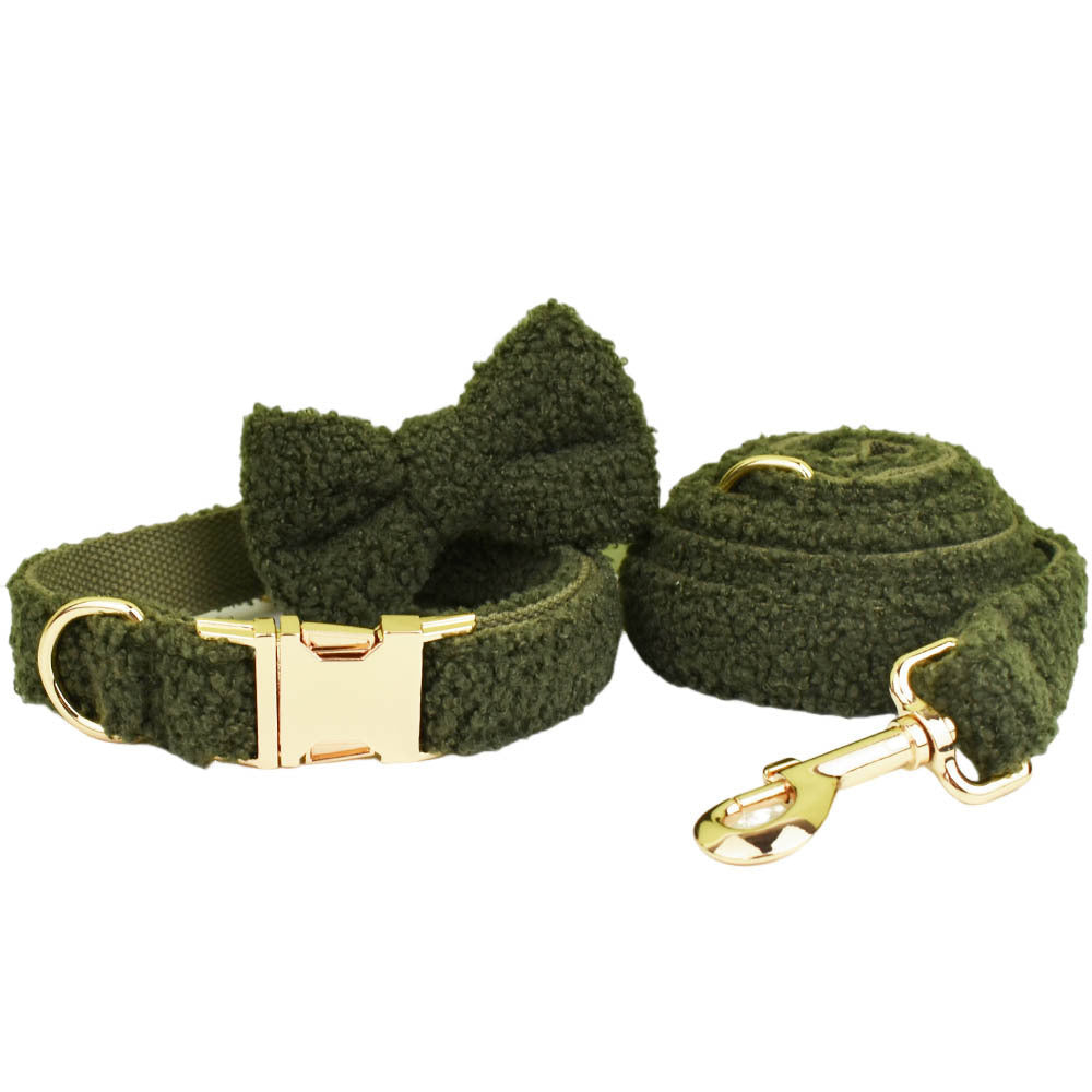 JMT-628938 Army Green Velvet Four-Piece Pet Collar and Vest Set with Leash and Bow