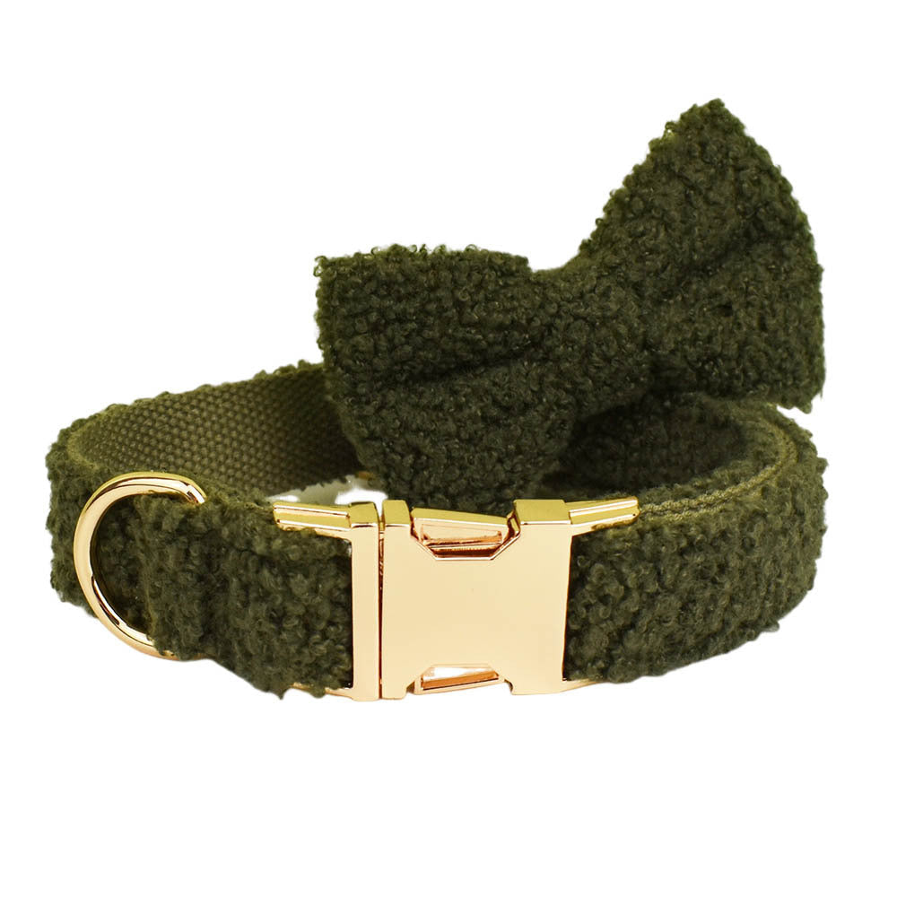 JMT-628938 Army Green Velvet Four-Piece Pet Collar and Vest Set with Leash and Bow