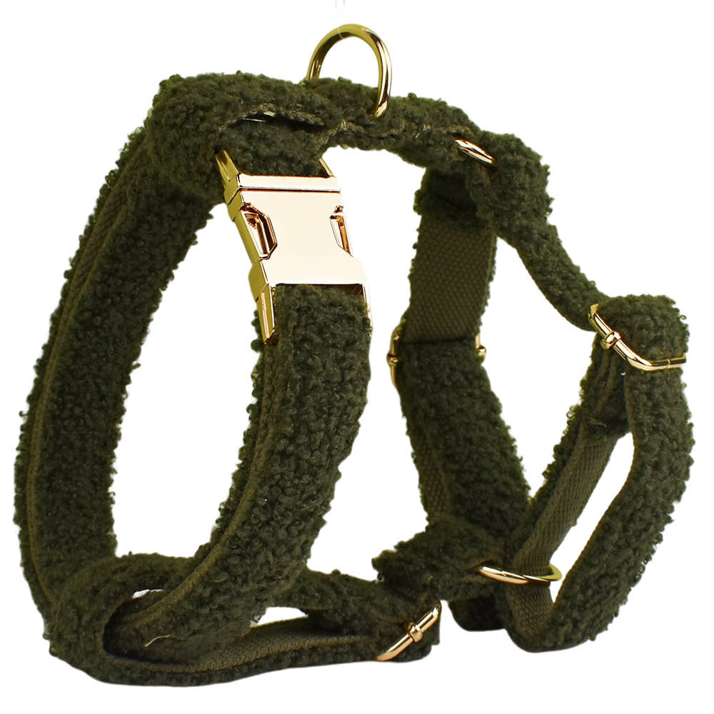 JMT-628938 Army Green Velvet Four-Piece Pet Collar and Vest Set with Leash and Bow