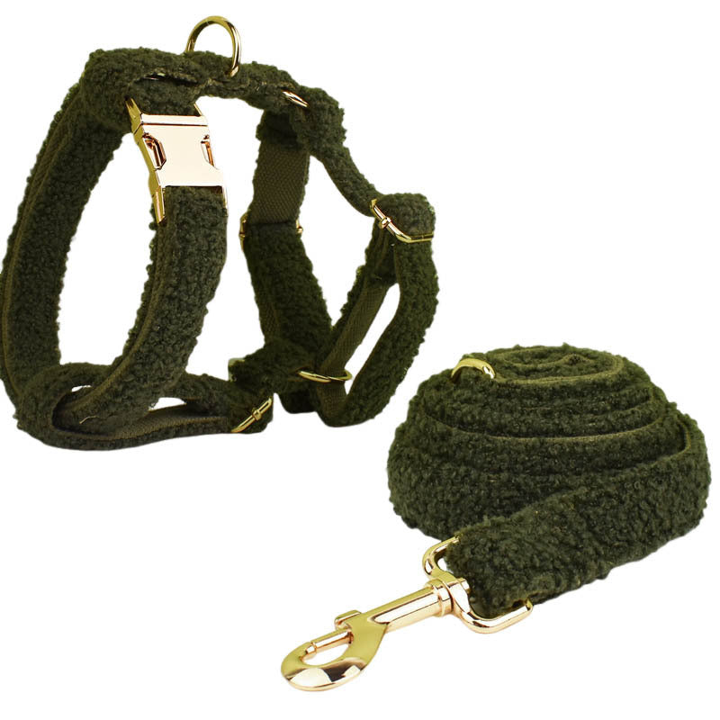 JMT-628938 Army Green Velvet Four-Piece Pet Collar and Vest Set with Leash and Bow