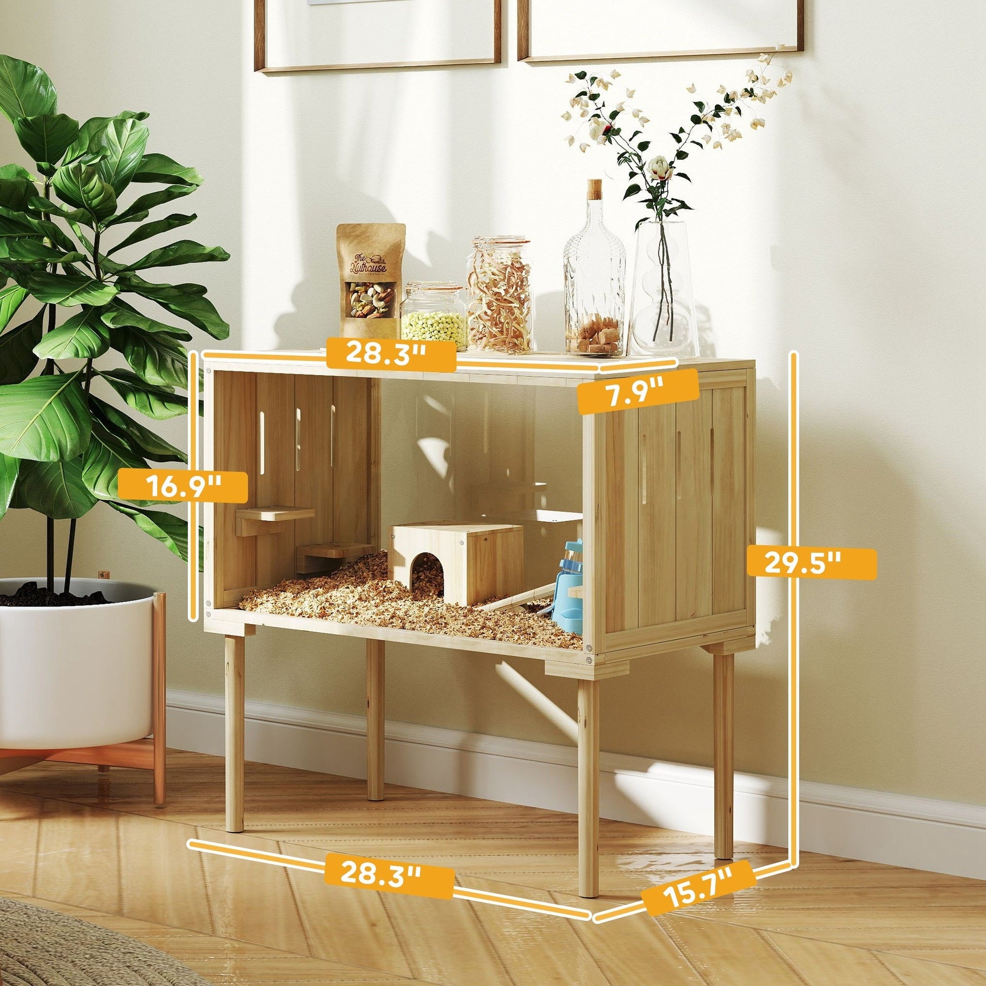 JMT-629450 Spacious Wooden Hamster Cage with Legs, Multi-Level Gerbil Habitat for Small Rodents