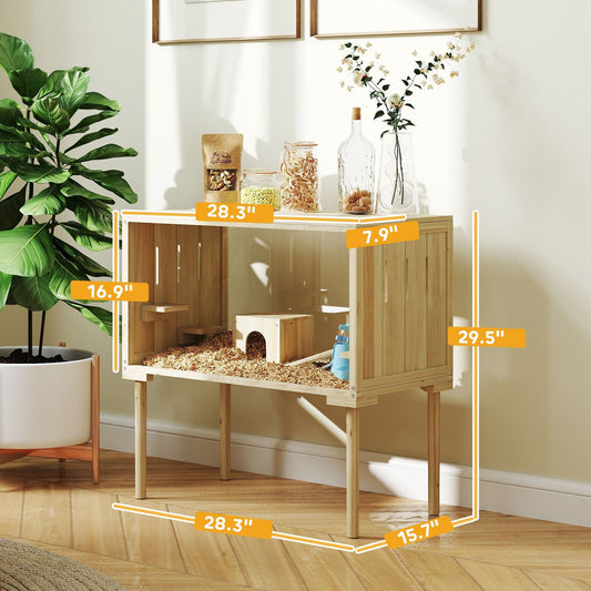 JMT-629450 Spacious Wooden Hamster Cage with Legs, Multi-Level Gerbil Habitat for Small Rodents