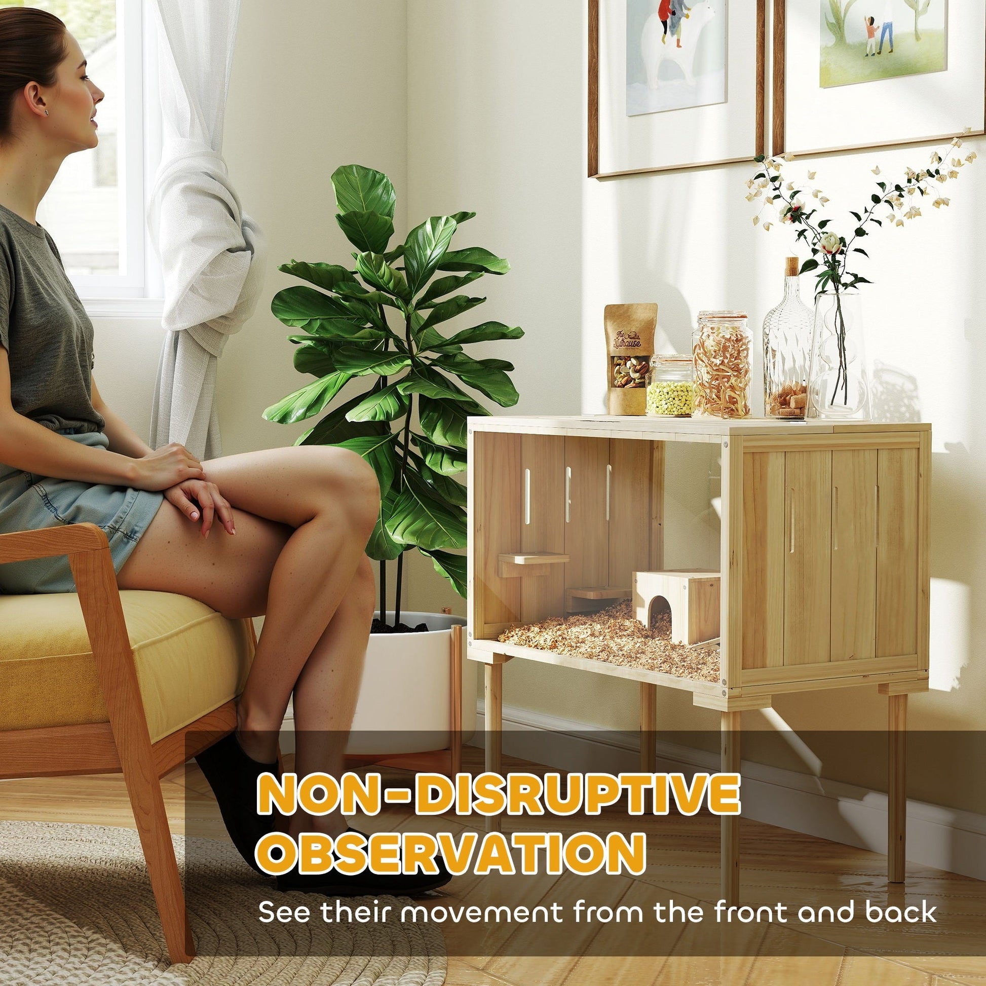 JMT-629450 Spacious Wooden Hamster Cage with Legs, Multi-Level Gerbil Habitat for Small Rodents