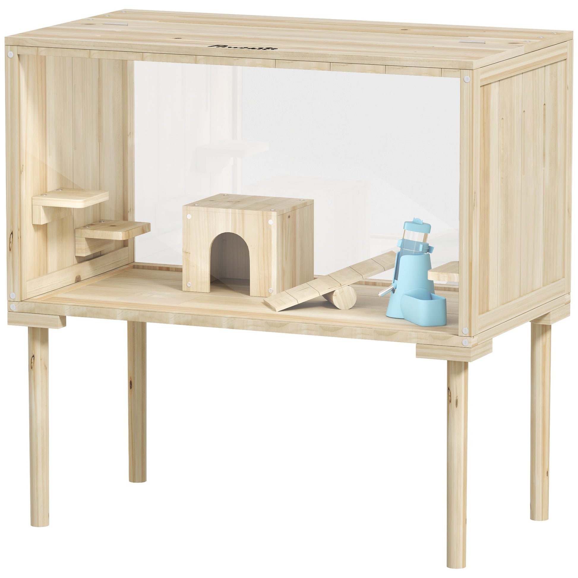 JMT-629450 Spacious Wooden Hamster Cage with Legs, Multi-Level Gerbil Habitat for Small Rodents