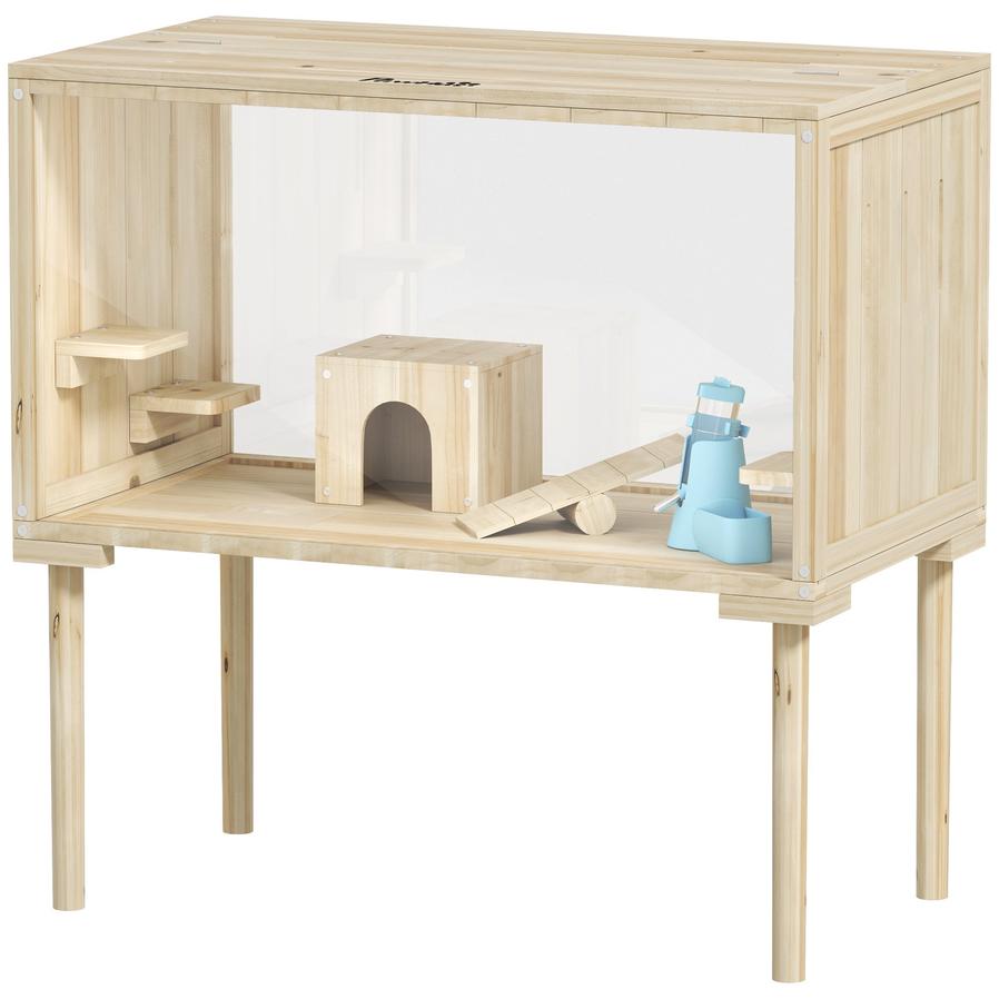 JMT-629450 Spacious Wooden Hamster Cage with Legs, Multi-Level Gerbil Habitat for Small Rodents