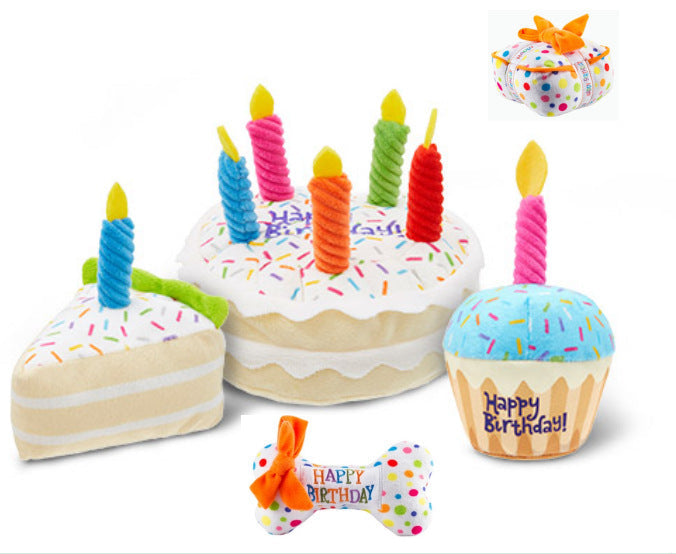 JMT-630410 Plush Birthday Cake and Gift Box Dog Toy Set for Playtime Fun