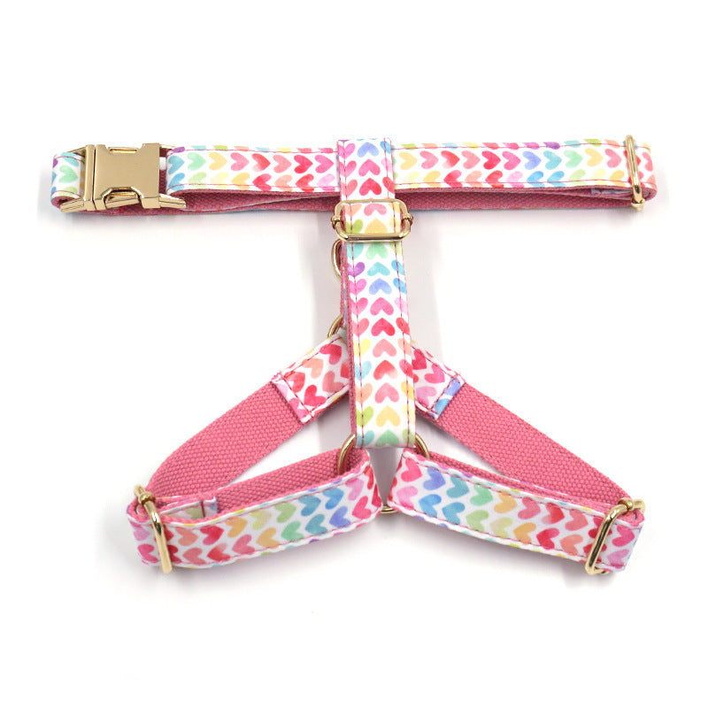 JMT-630922 Colorful Heart Patterned Dog Chest and Back Strap with Gold Buckle