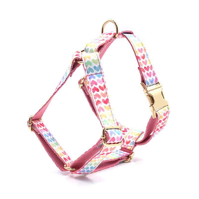 JMT-630922 Colorful Heart Patterned Dog Chest and Back Strap with Gold Buckle