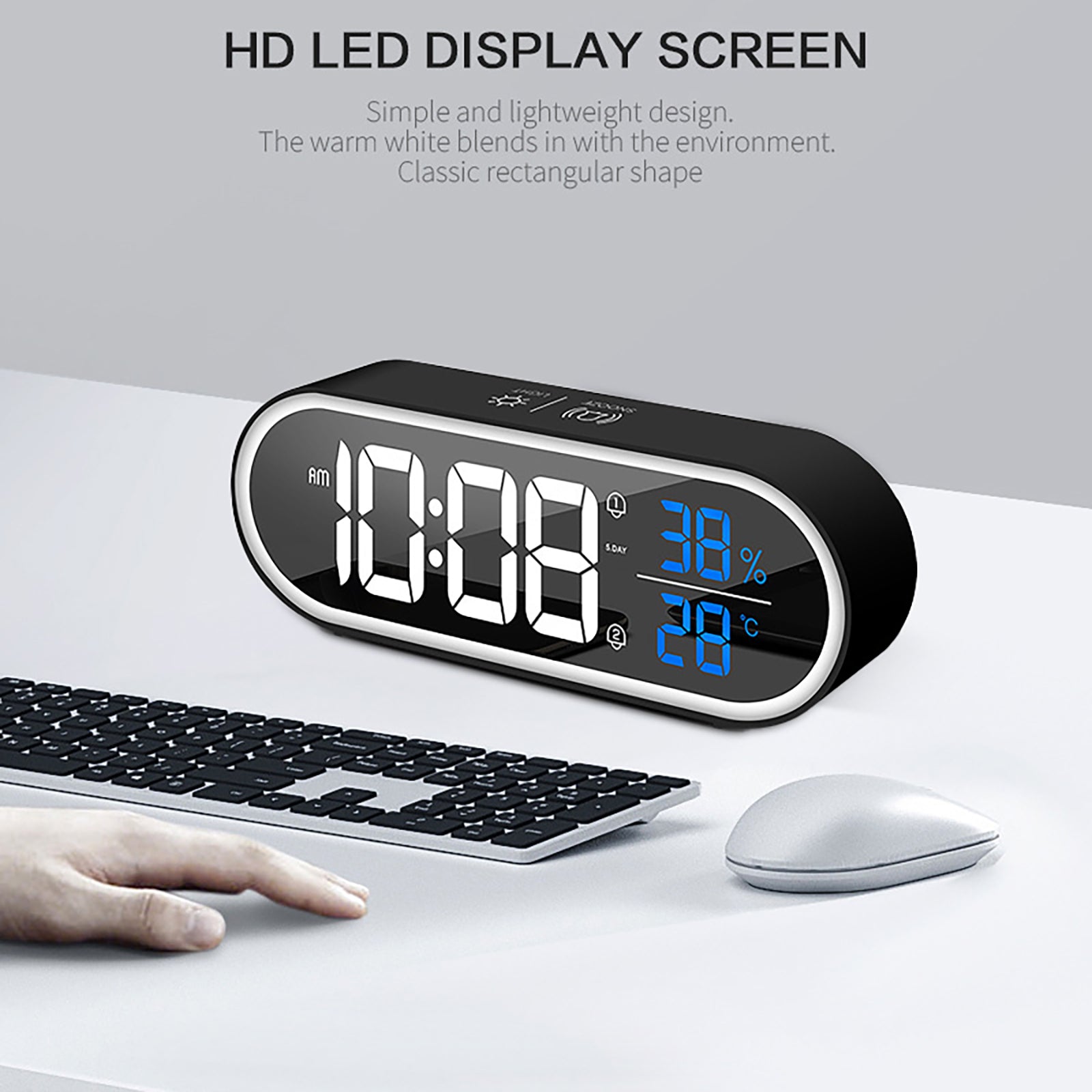JMT-631242 Rechargeable LED Music Clock with Adjustable Sound and Mirror Finish