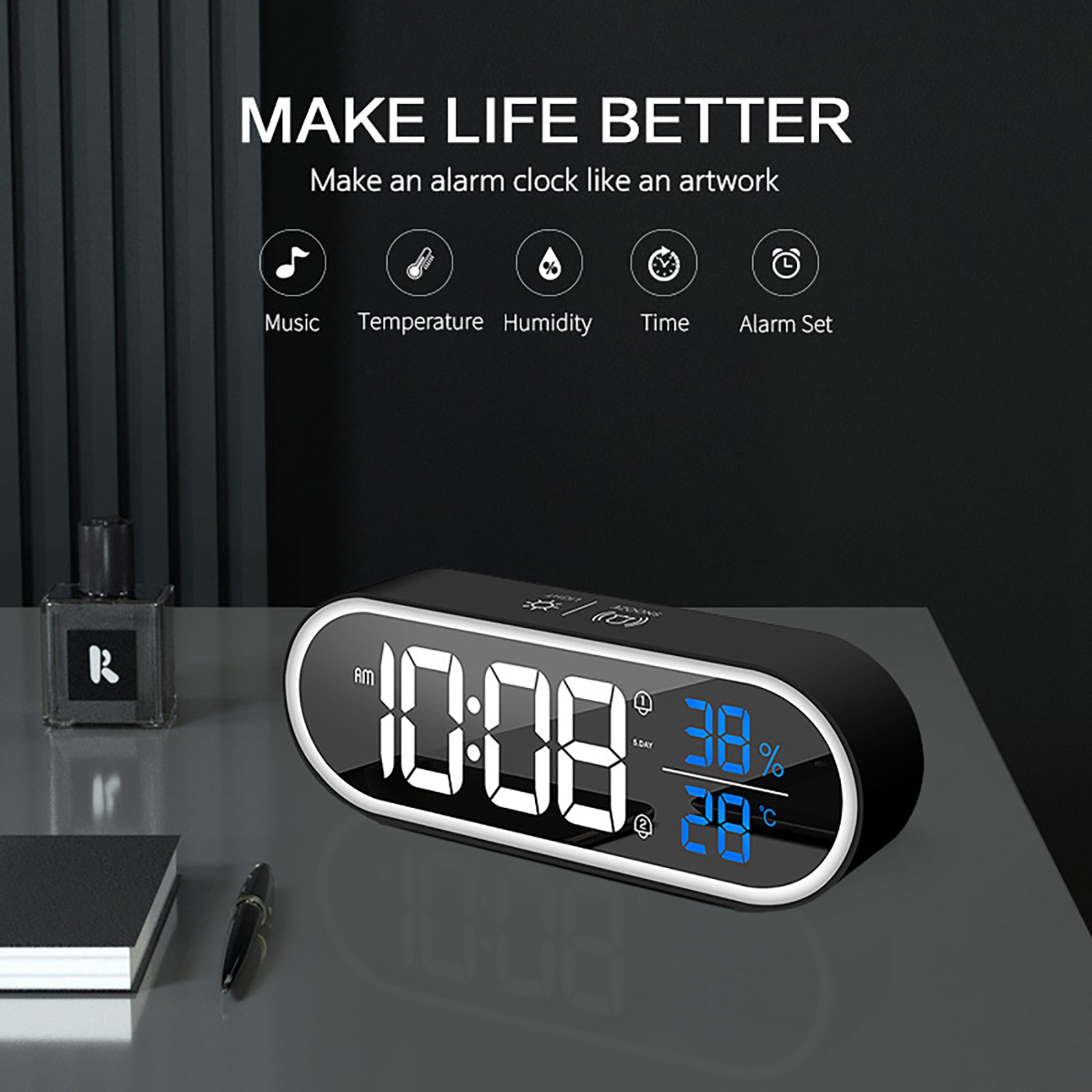 JMT-631242 Rechargeable LED Music Clock with Adjustable Sound and Mirror Finish