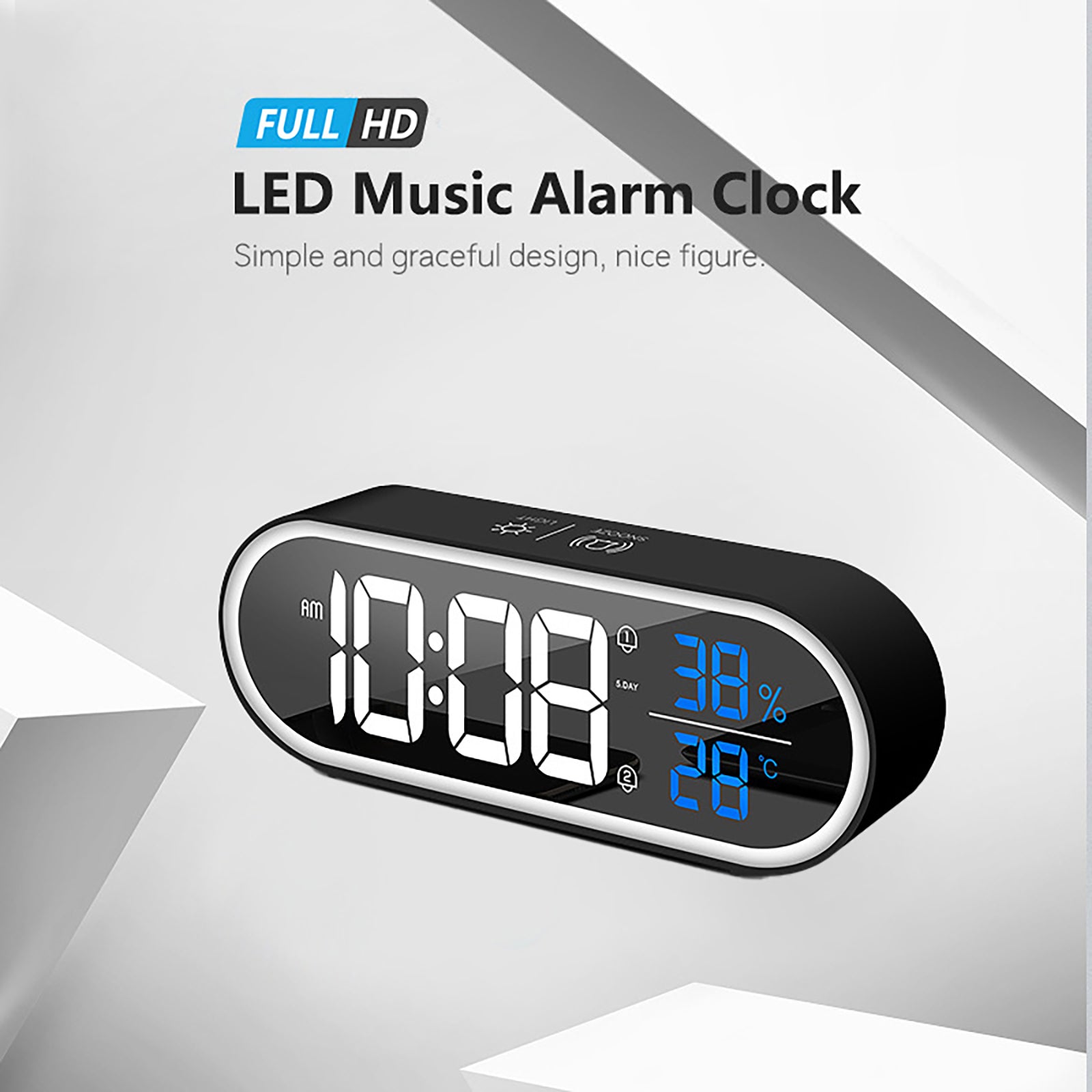 JMT-631242 Rechargeable LED Music Clock with Adjustable Sound and Mirror Finish