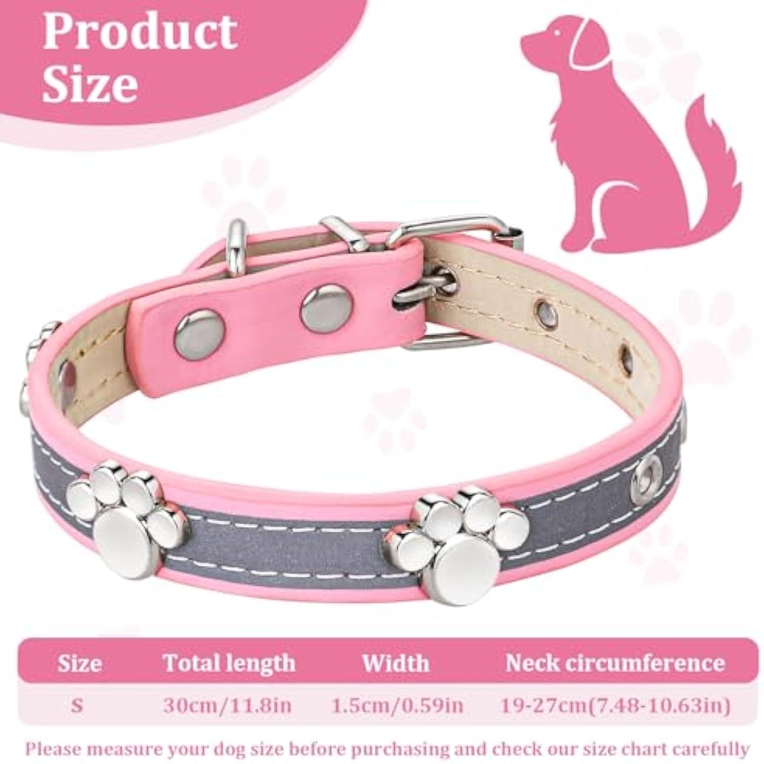 JMT-633866 Reflective Adjustable PU Leather Dog Collar with Paw Rivet for Small to Large Dogs and Cats