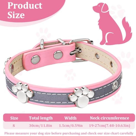 JMT-633866 Reflective Adjustable PU Leather Dog Collar with Paw Rivet for Small to Large Dogs and Cats