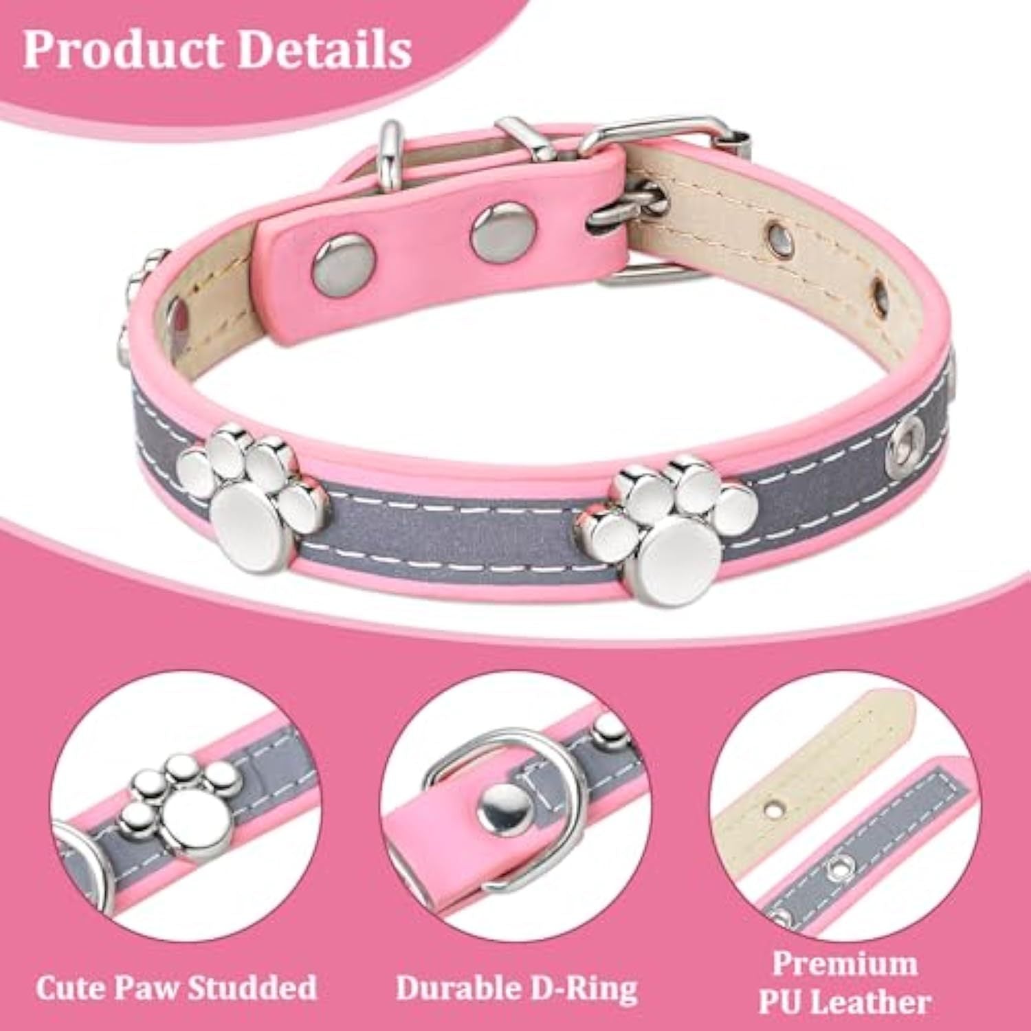 JMT-633866 Reflective Adjustable PU Leather Dog Collar with Paw Rivet for Small to Large Dogs and Cats