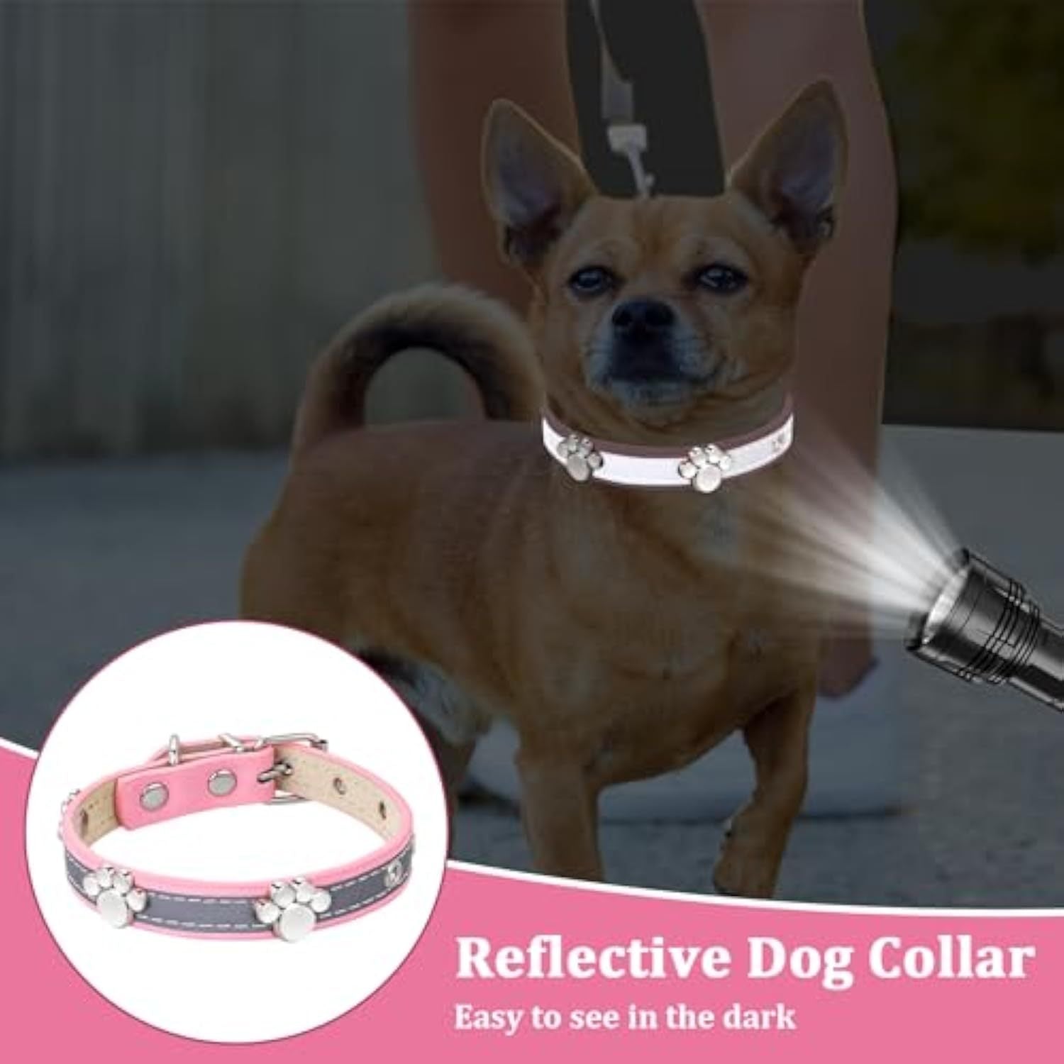 JMT-633866 Reflective Adjustable PU Leather Dog Collar with Paw Rivet for Small to Large Dogs and Cats