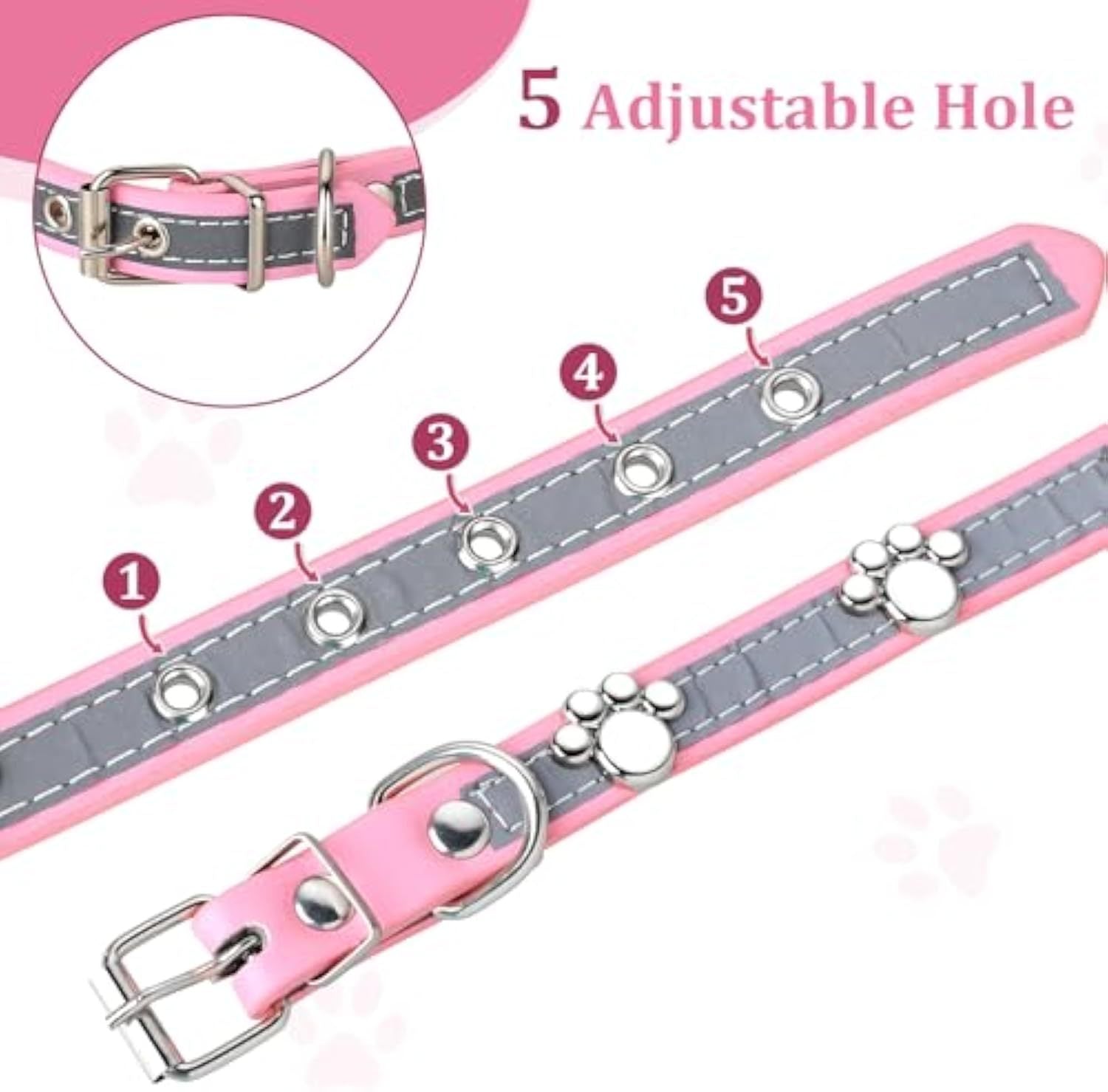 JMT-633866 Reflective Adjustable PU Leather Dog Collar with Paw Rivet for Small to Large Dogs and Cats