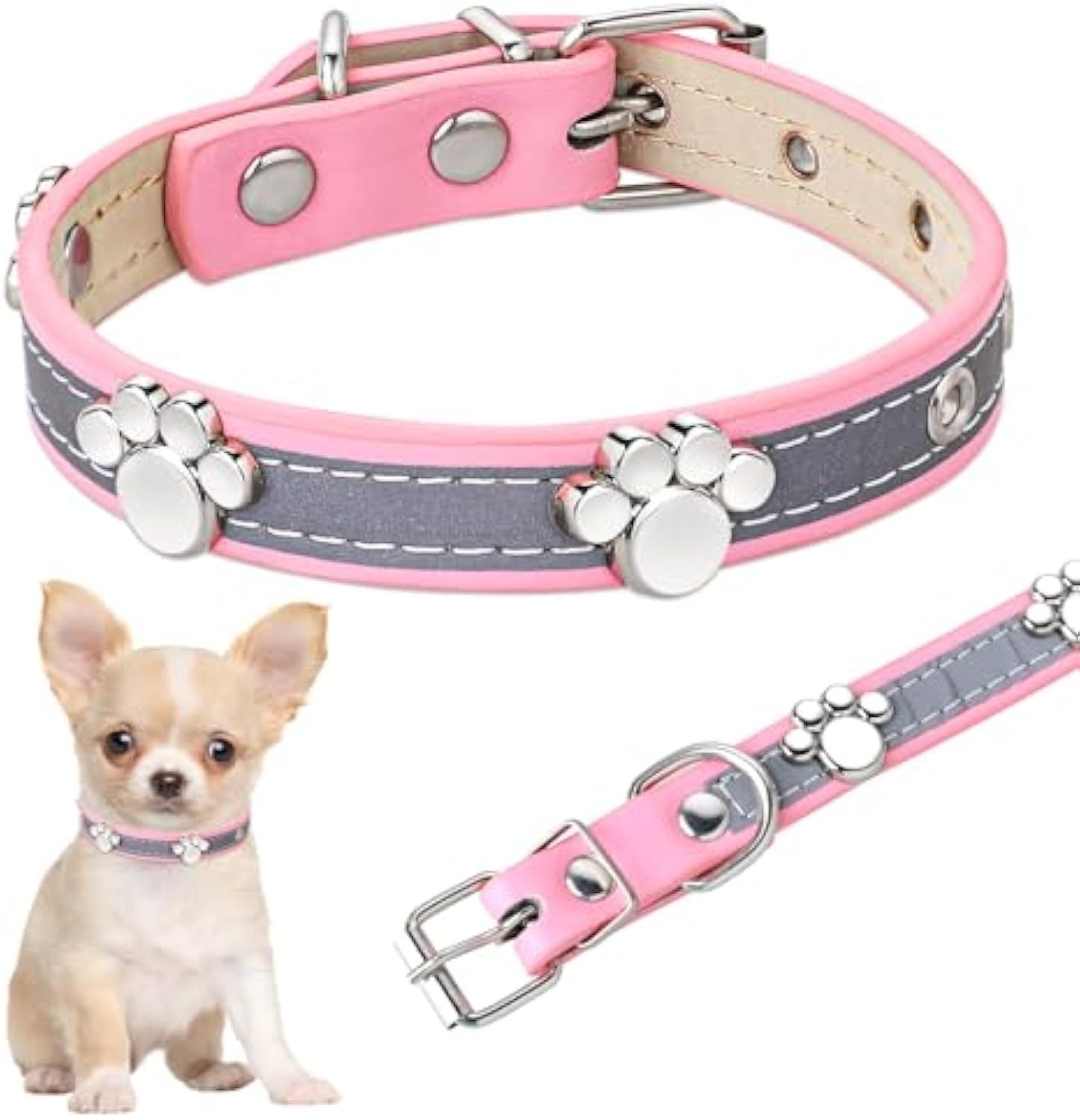 JMT-633866 Reflective Adjustable PU Leather Dog Collar with Paw Rivet for Small to Large Dogs and Cats