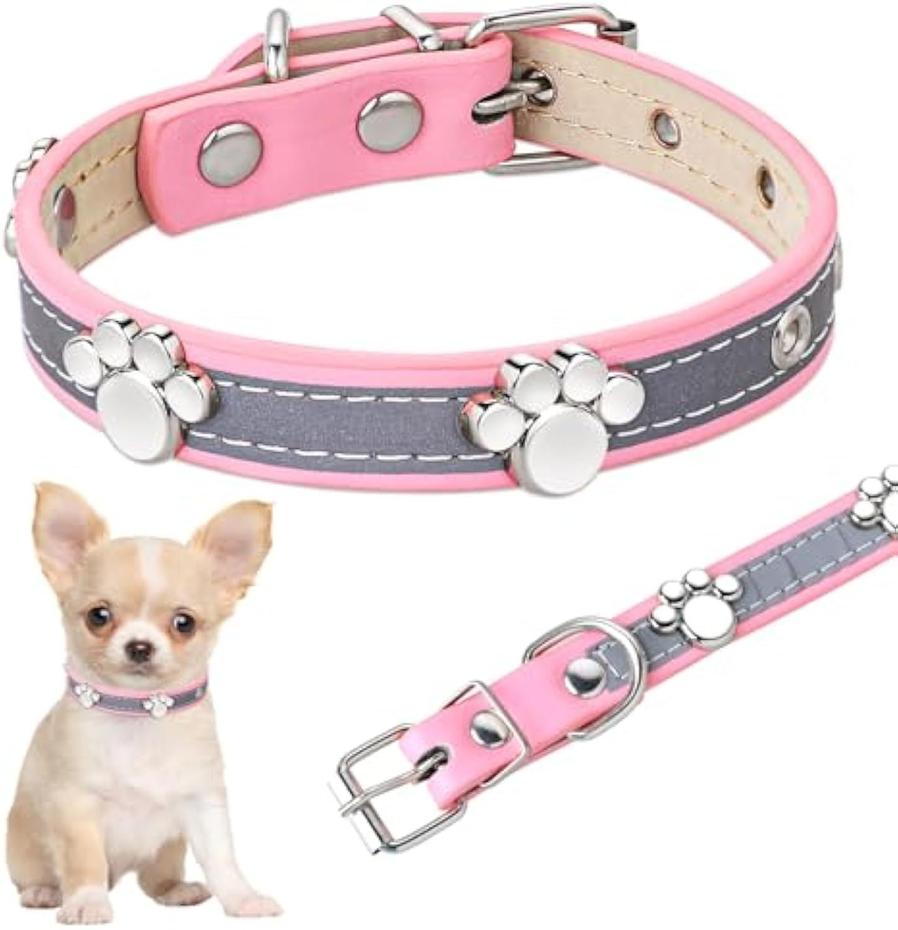 JMT-633866 Reflective Adjustable PU Leather Dog Collar with Paw Rivet for Small to Large Dogs and Cats