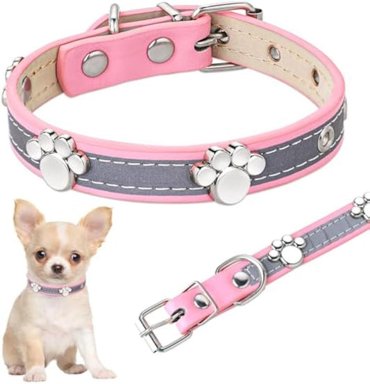 JMT-633866 Reflective Adjustable PU Leather Dog Collar with Paw Rivet for Small to Large Dogs and Cats