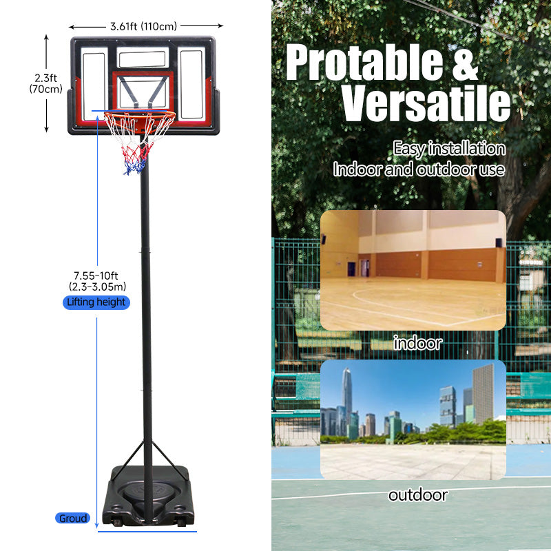 JMT-634122 Adjustable Portable Basketball Hoop with PC Backplate, Large Base & Wheels - 4.43 to 10 ft