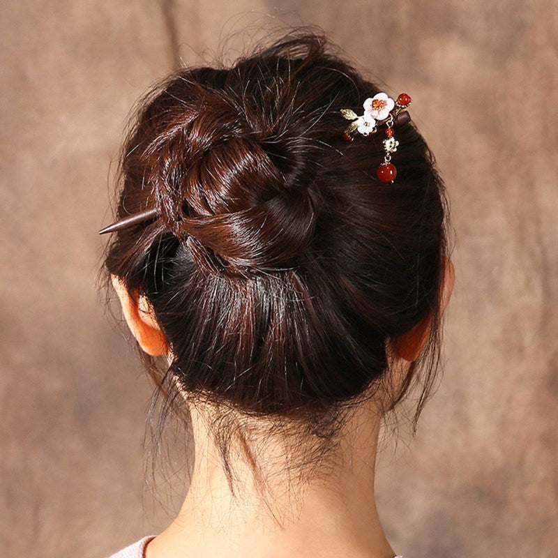 JMT-634570 Elegant Wood Tassel Hairpin with Gold-Plated Inlaid Gems and Exquisite Gift Box