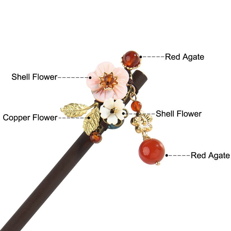 JMT-634570 Elegant Wood Tassel Hairpin with Gold-Plated Inlaid Gems and Exquisite Gift Box