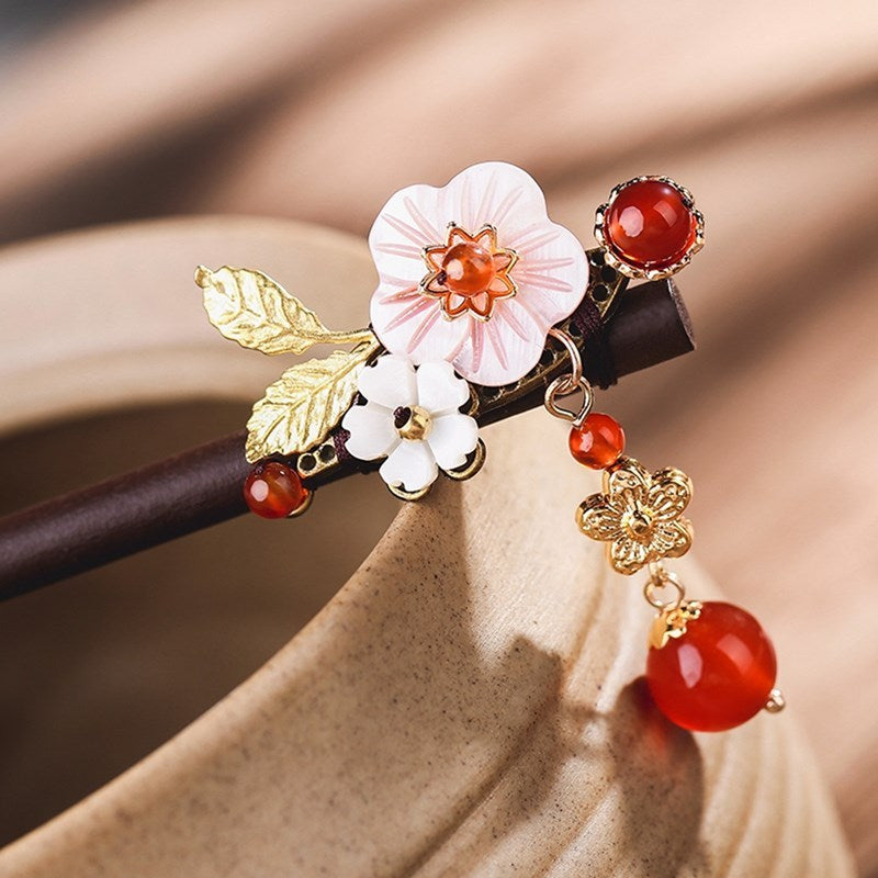 JMT-634570 Elegant Wood Tassel Hairpin with Gold-Plated Inlaid Gems and Exquisite Gift Box