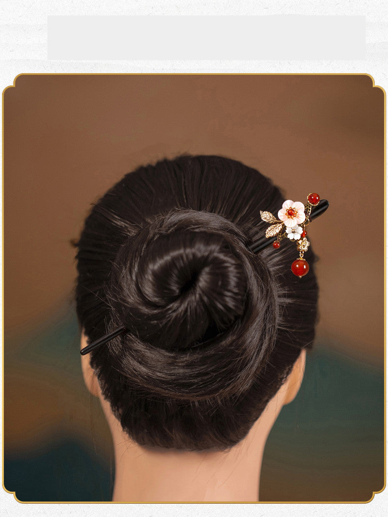 JMT-634570 Elegant Wood Tassel Hairpin with Gold-Plated Inlaid Gems and Exquisite Gift Box