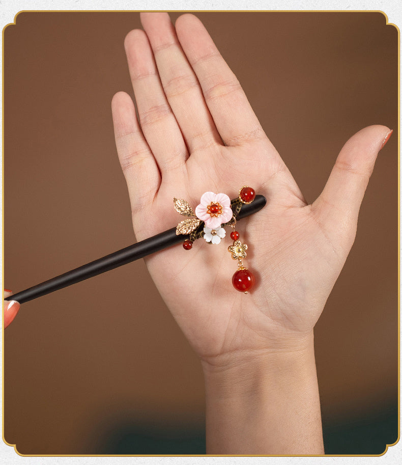 JMT-634570 Elegant Wood Tassel Hairpin with Gold-Plated Inlaid Gems and Exquisite Gift Box