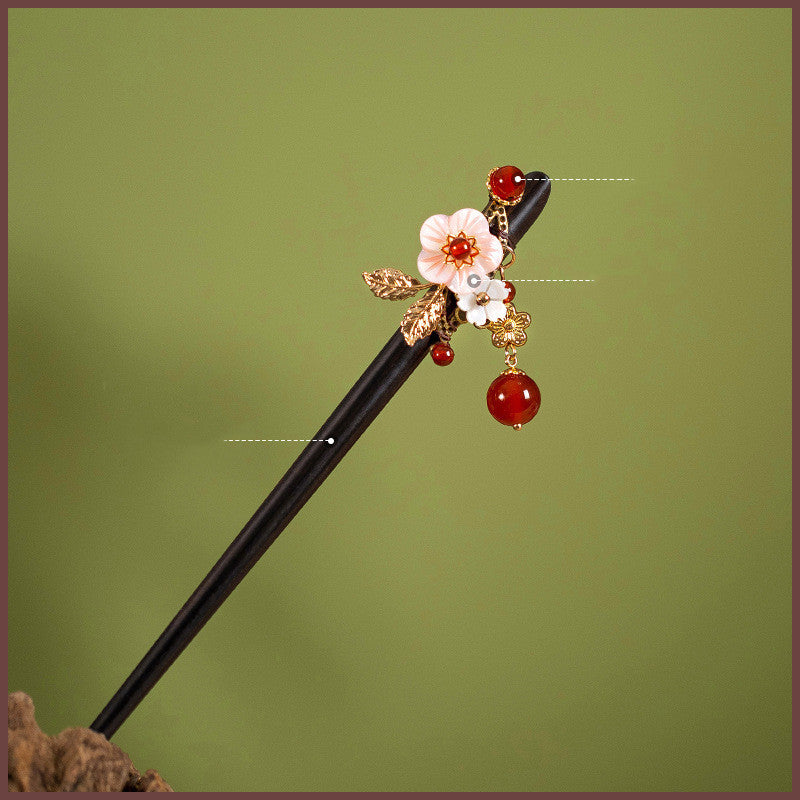 JMT-634570 Elegant Wood Tassel Hairpin with Gold-Plated Inlaid Gems and Exquisite Gift Box