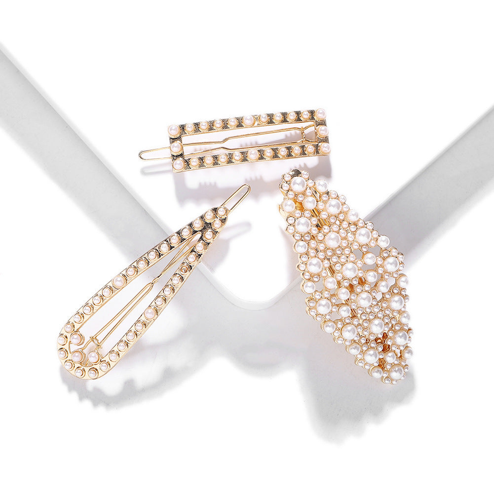 JMT-635722 Alloy Pearl Inlaid Geometric Hairpin for Women, Korean Style Hair Accessory