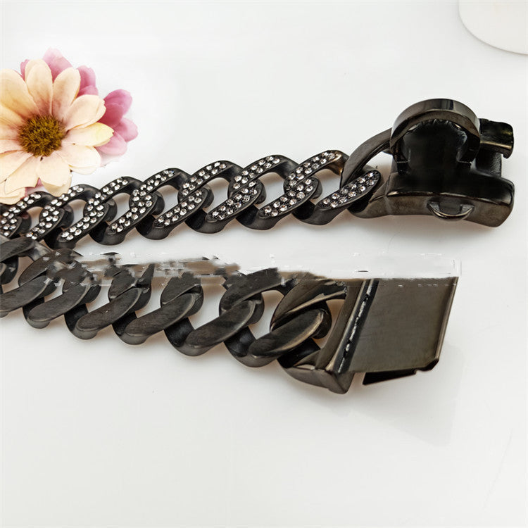 JMT-635850 Stainless Steel Dog Necklace with Black and White Diamond Accents