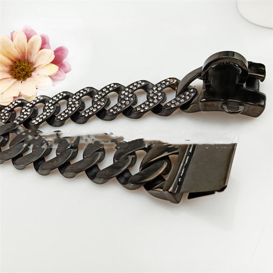 JMT-635850 Stainless Steel Dog Necklace with Black and White Diamond Accents