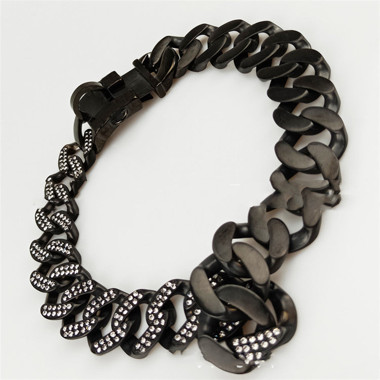 JMT-635850 Stainless Steel Dog Necklace with Black and White Diamond Accents