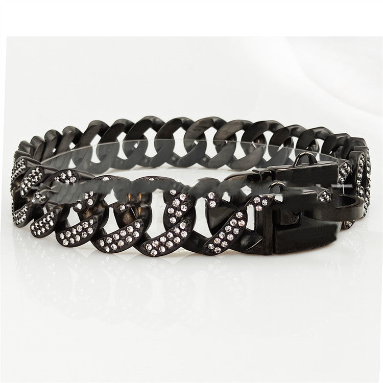 JMT-635850 Stainless Steel Dog Necklace with Black and White Diamond Accents